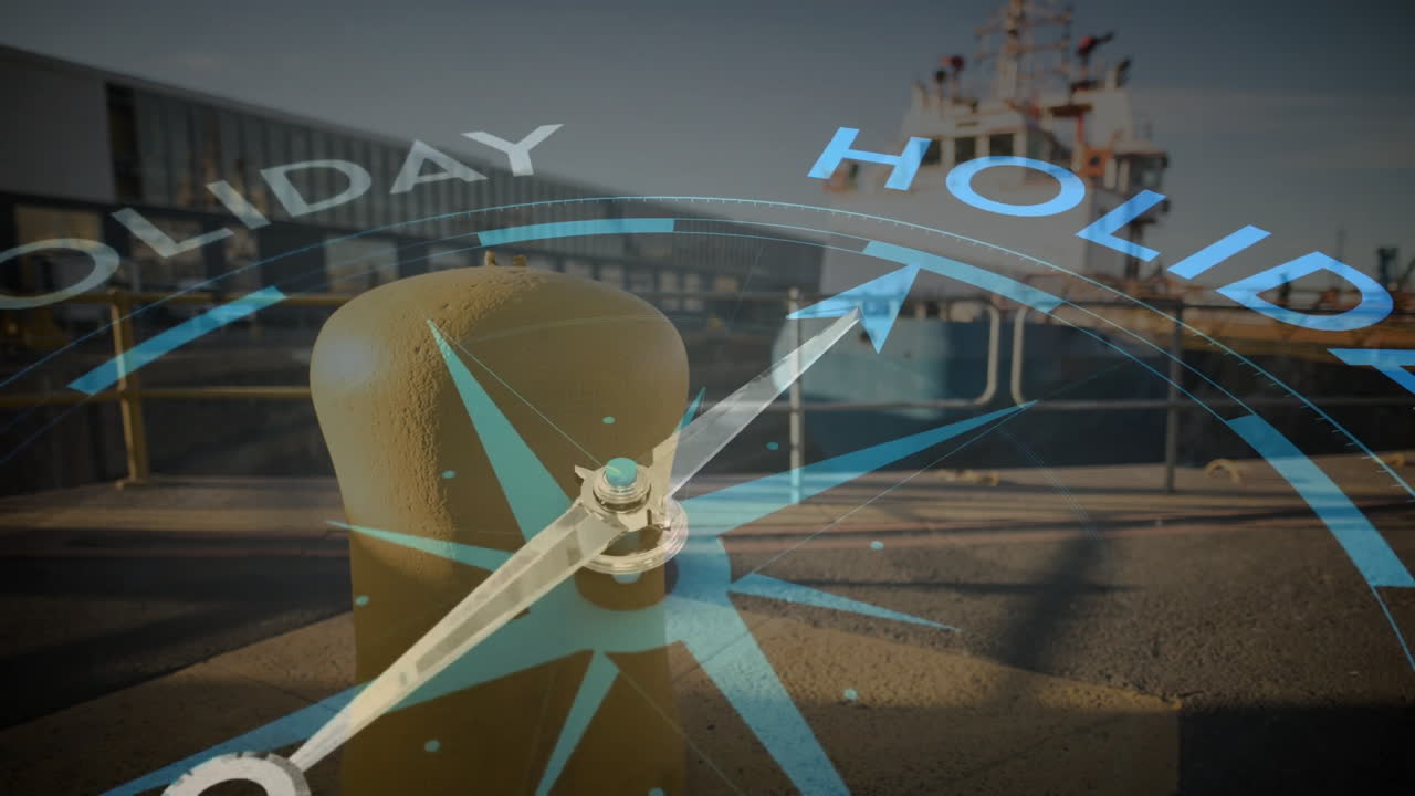 항구 위의 휴일 텍스트와 함께 나침반의 애니메이션