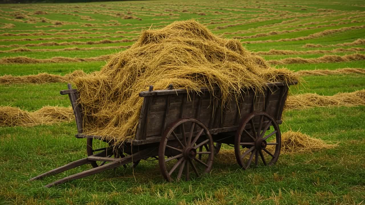 A Scenic View of a Rustic Hay Wagon Filled with Freshly Cut Straw in a Lush Green Field Surrounded by Rows of Harvested Grass