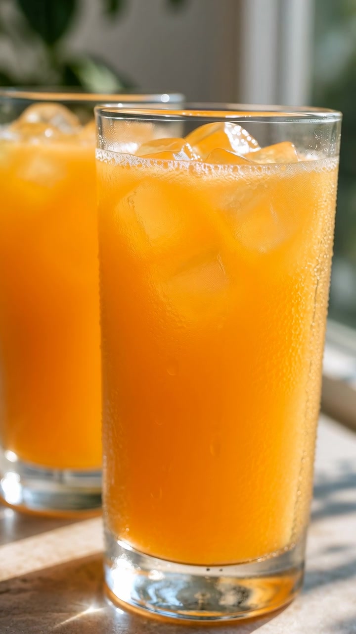 Una rinfrescante composizione di succo d'arancia con cubetti di ghiaccio è esposta in un ambiente esterno, possibilmente un patio o un balcone. L'angolazione ravvicinata e leggermente elevata evidenzia la freschezza e l'invitante