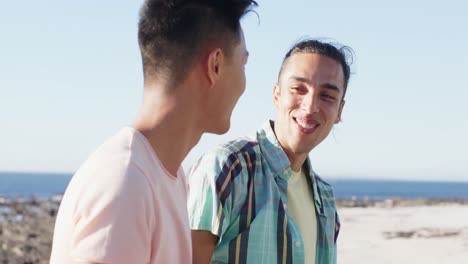 happy diverse gay male couple talking at promenade by the sea, slow motion