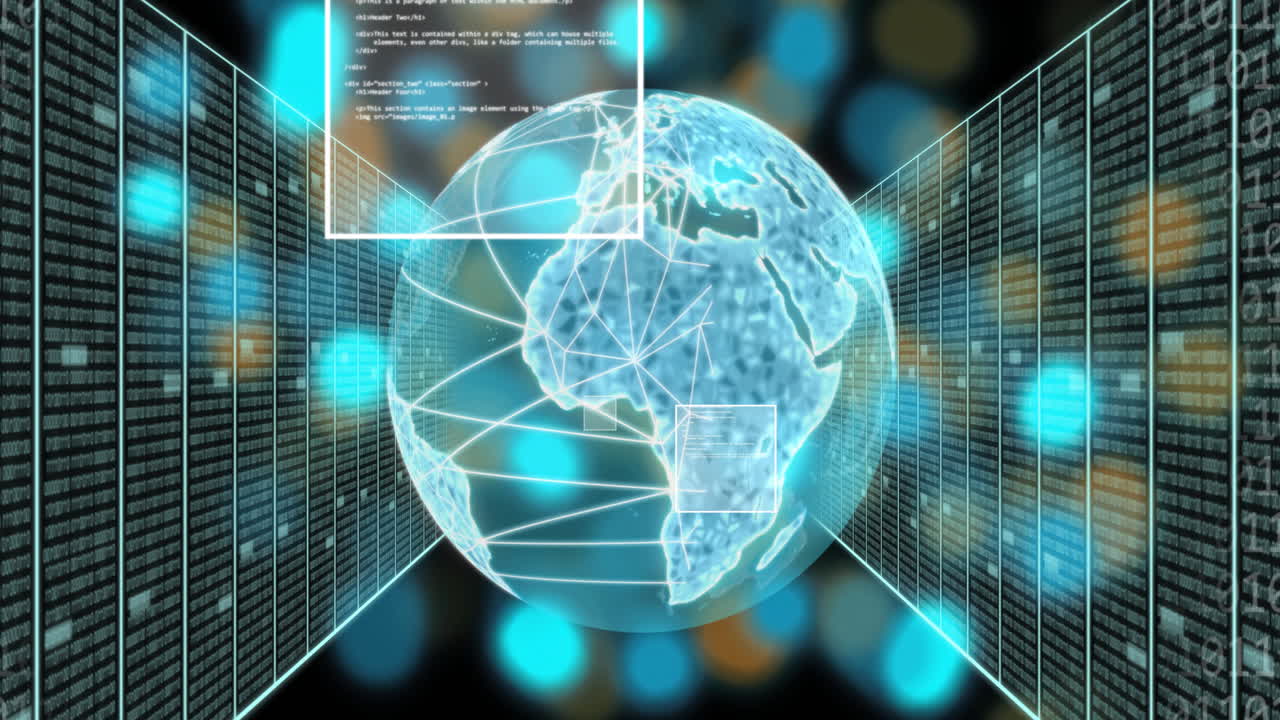 Animation of digital data processing over globe by computer servers
