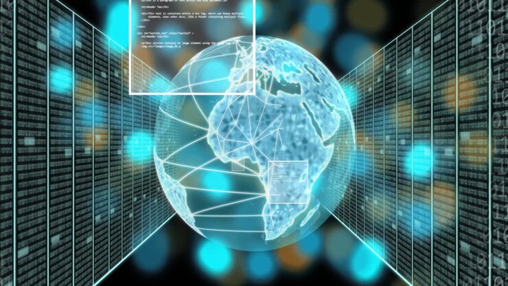 Animation of digital data processing over globe by computer servers