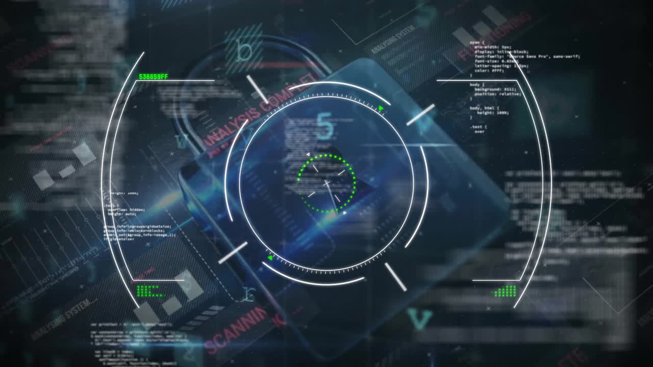 Animation of padlock, scope scanning over network of connections on dark background
