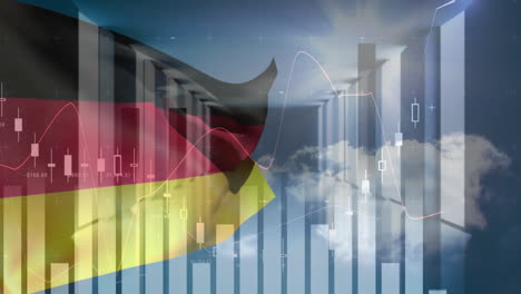 animation of financial data processing with flag of germany over empty room and sky with clouds