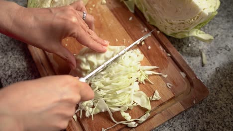 overhead view of cabbage being chopped in the kitchen