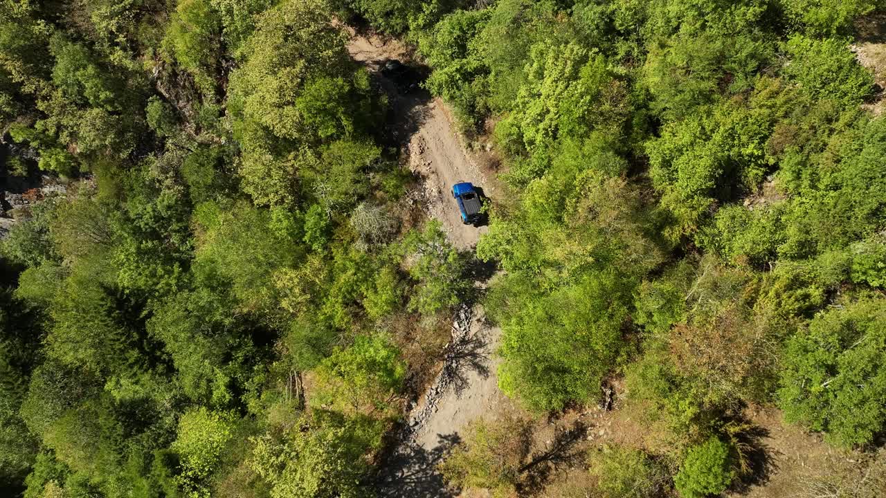 A vehicle navigating a narrow forest trail surrounded by dense trees and natural greenery, highlighting the wild and adventurous terrain of Borjomi’s mountain region