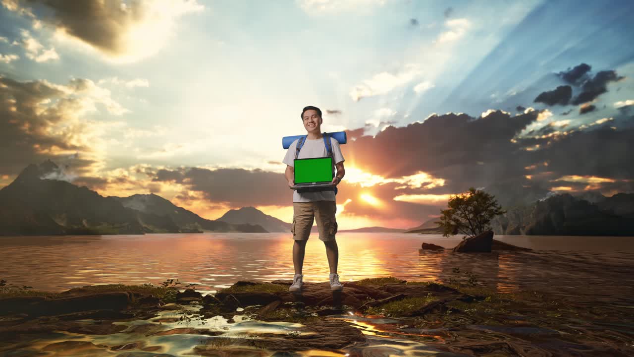 Full Body Of Asian Male Hiker With Mountaineering Backpack Smiling And Showing Mock Up Green Screen Laptop At A Lake