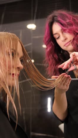 a talented female hairdresser who skillfully cuts and artistically styles blondes’ hair. modern spa salon