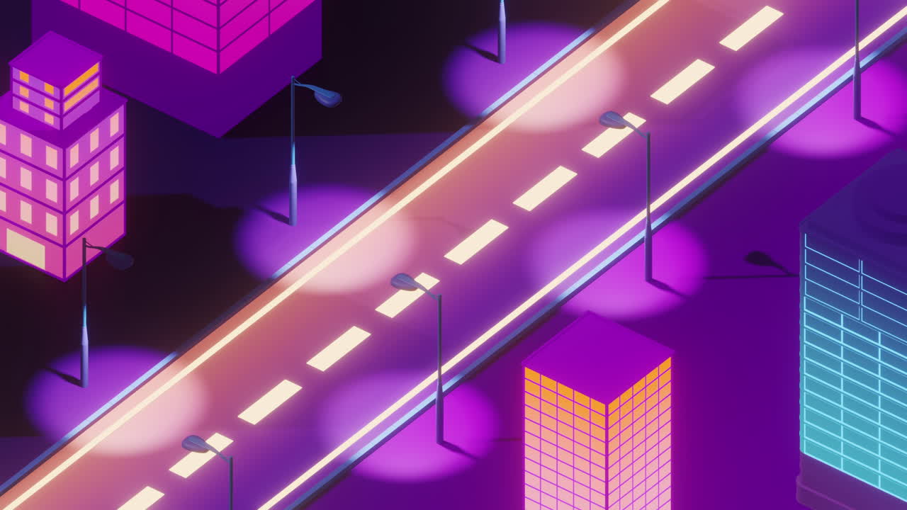 시내에서 네온으로 빛나는 건물, 3d 렌더링