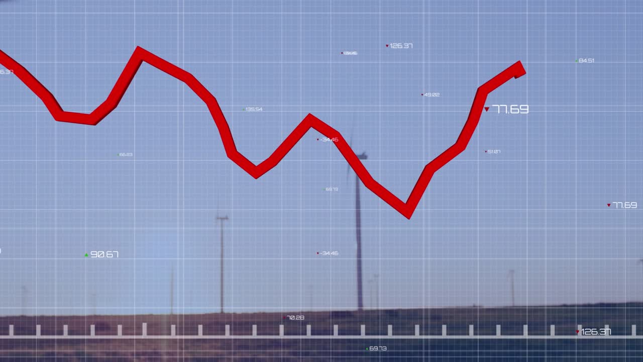 Animation of red line, data processing over wind turbine