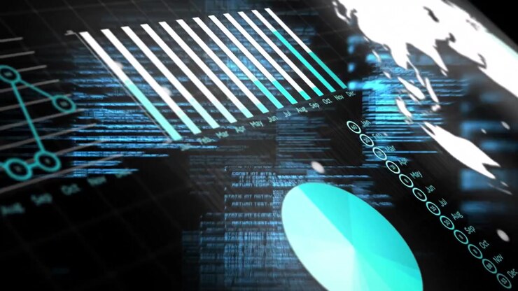 Animation of graphs and data processing on black digital screen