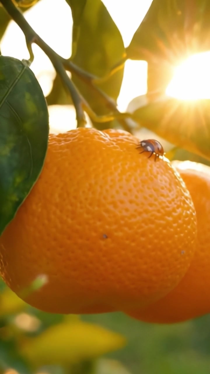Primo Piano di Arance Fresche con Coccinella Sotto una Splendida Luce Solare, Catturando l'Essenza dell'Abbondanza della Natura e la Bellezza della Raccolta degli Agrumi