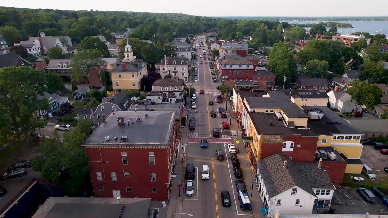 East Greenwich main street rush hour traffic Rhode Island USA United States of America aerial drone