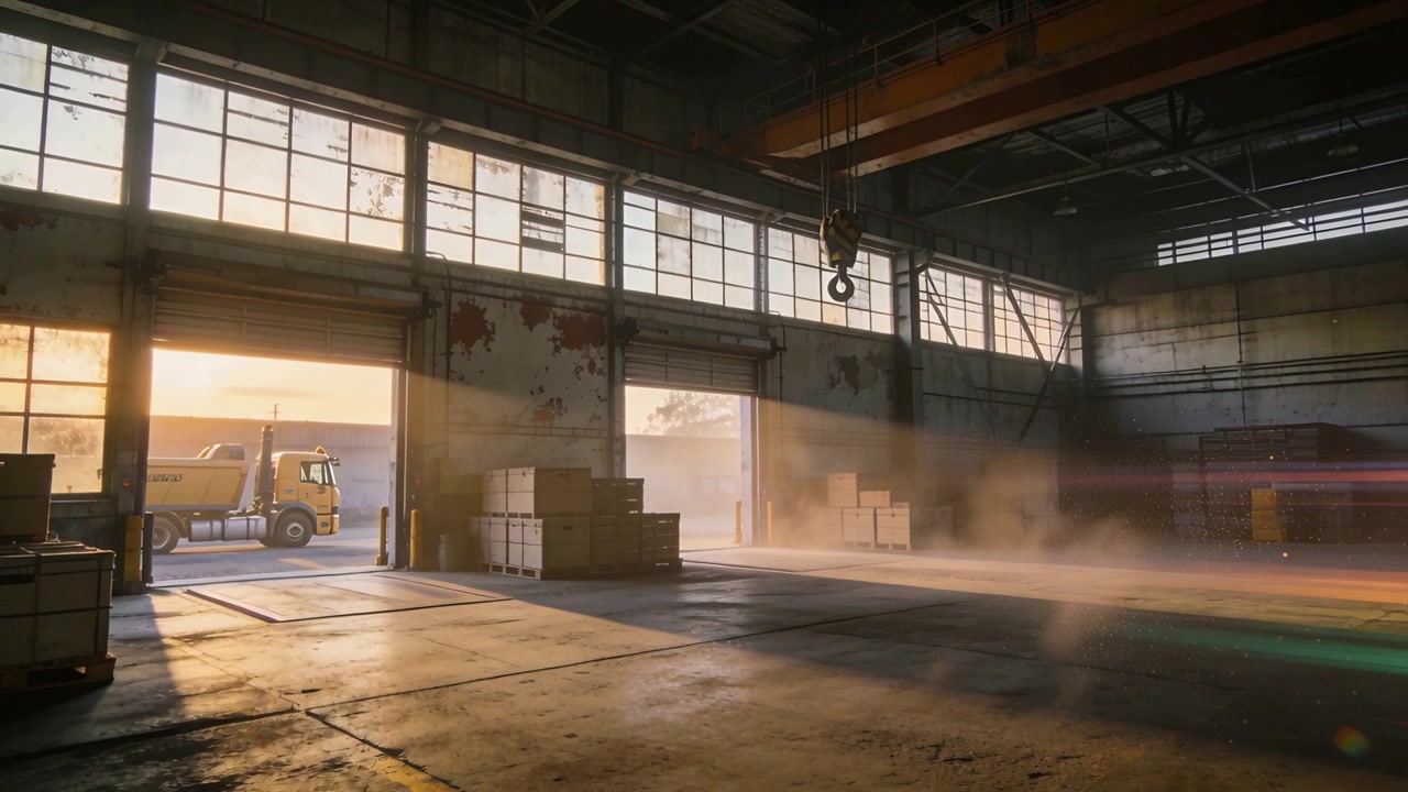 Arriving yellow tanker entering left door, stirring dust across warehouse bay, stacked crates