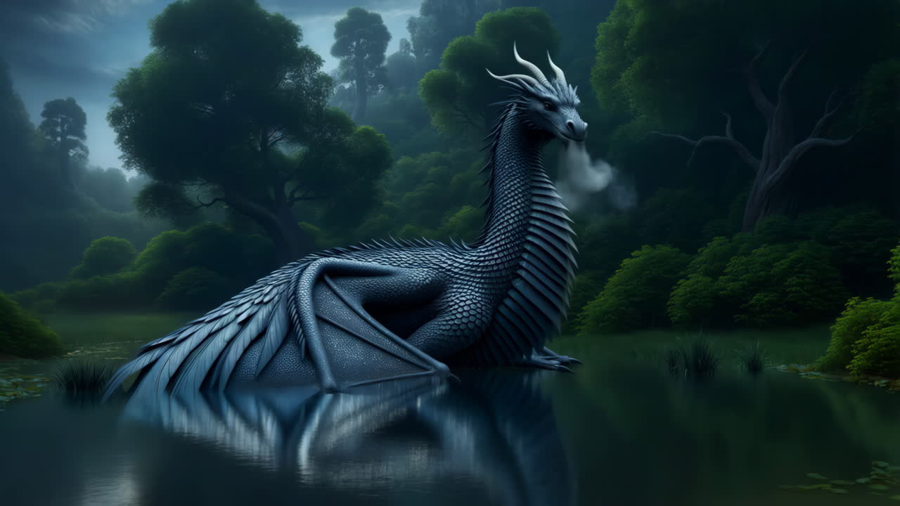 Majestic Dragon in a Mystical Forest Pond