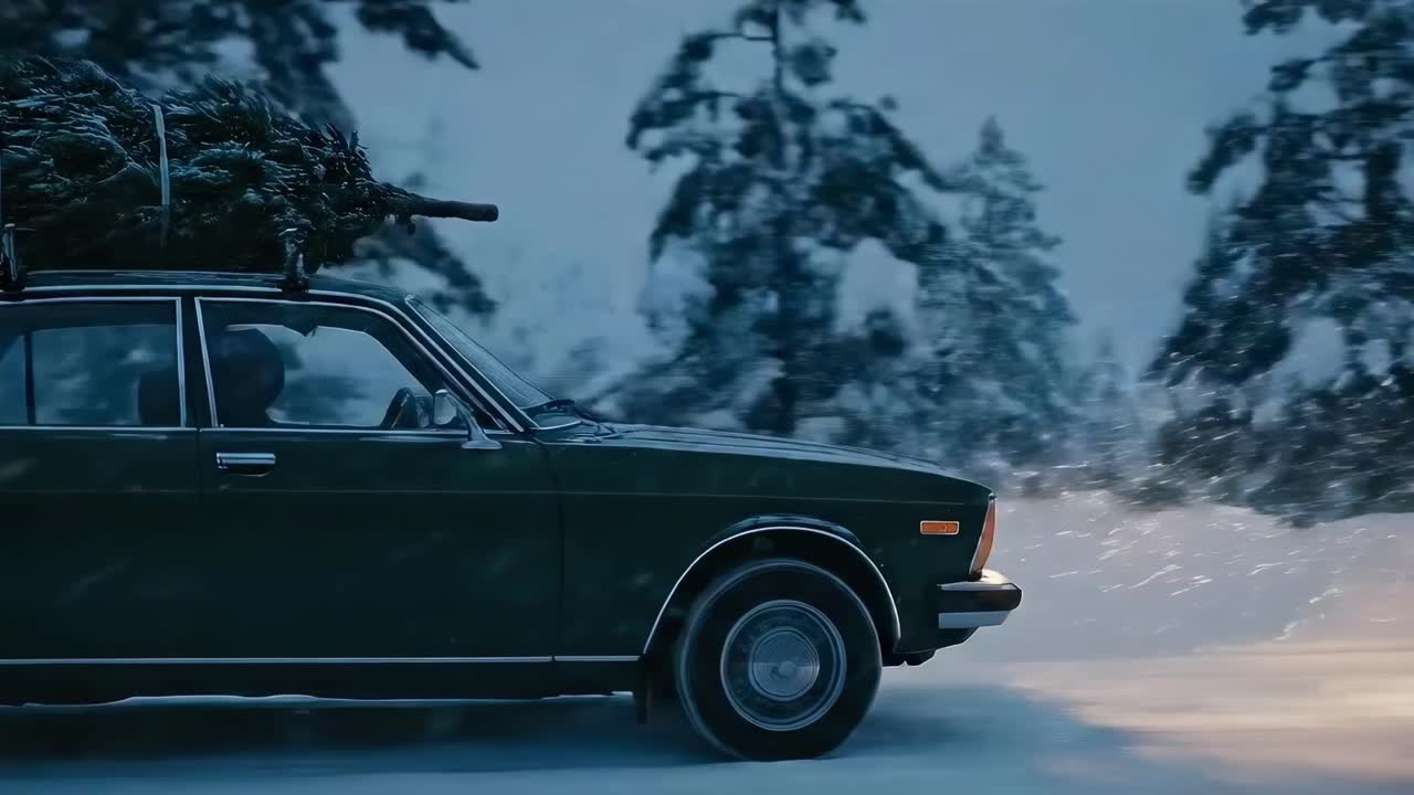 Side view of a vintage car with a tree on top, driving through snowy woods