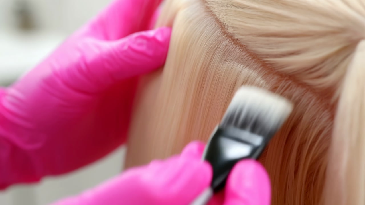 Closeup Blonde Hair Root Application Stylist Wearing Pink Gloves Brushes Color Along Precise Parting In Modern