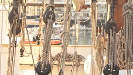 ropes holding sail on yacht boat. sailing yacht. yacht deck