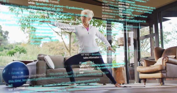 Senior woman shifting into warrior II on yoga mat in living room, code overlay tracking movements