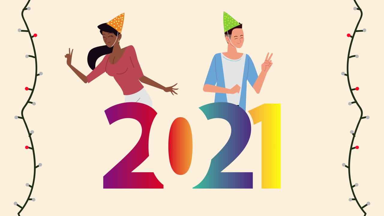 glückliches neues jahr 2021 feiern mit zahlen und interracial paar und lichten