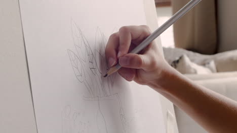 close up view of a girl's hands drawing a plant on a lectern