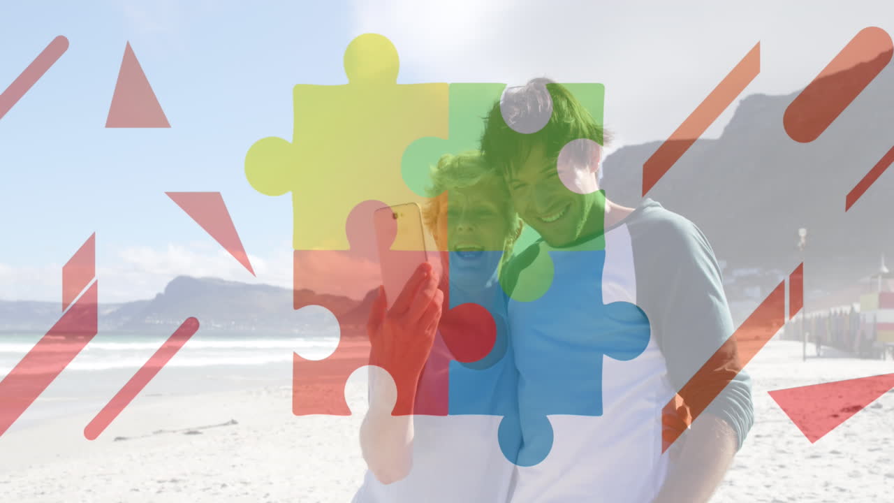 animación de rompecabezas sobre una feliz pareja caucásica