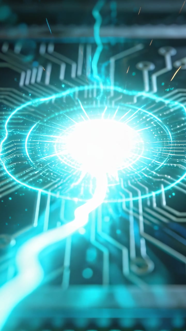 Frame sequence initiating energy core emerging on PCB, powering turquoise channel and pulsing ring