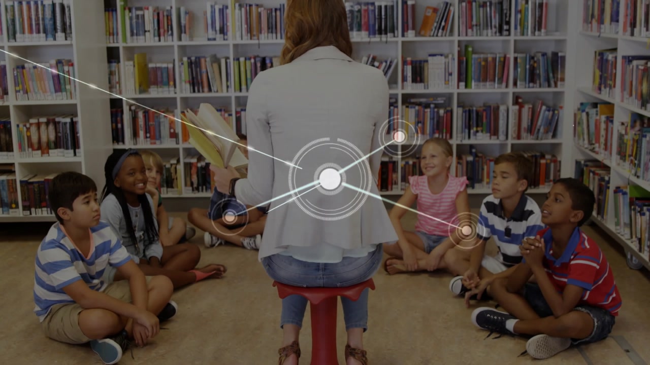 Teacher reading storybook in library animating network linking six students for education