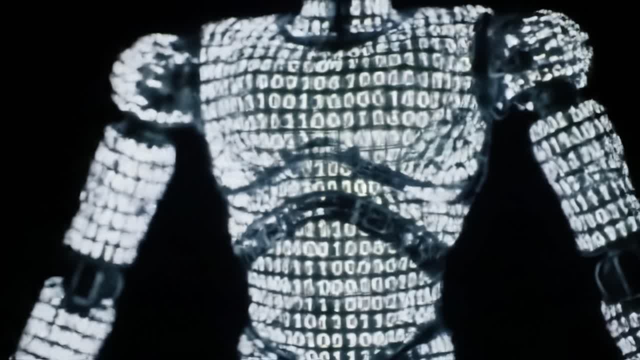A striking robot figure shines in a dark environment, covered in glowing binary code patterns.