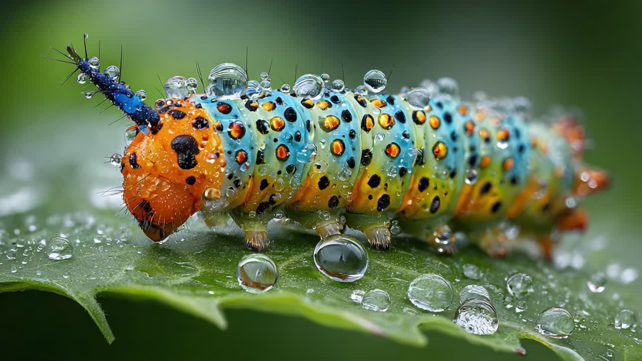 A Vibrant Caterpillar Glistening with Water Droplets, Showcasing Colorful Patterns and Unique Structures in Its Natural Green Habitat