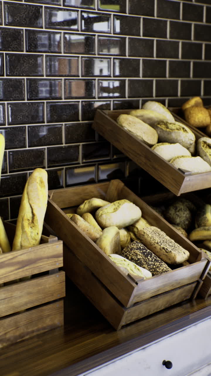 Delicious assortment of fresh breads displayed in a warm bakery setting