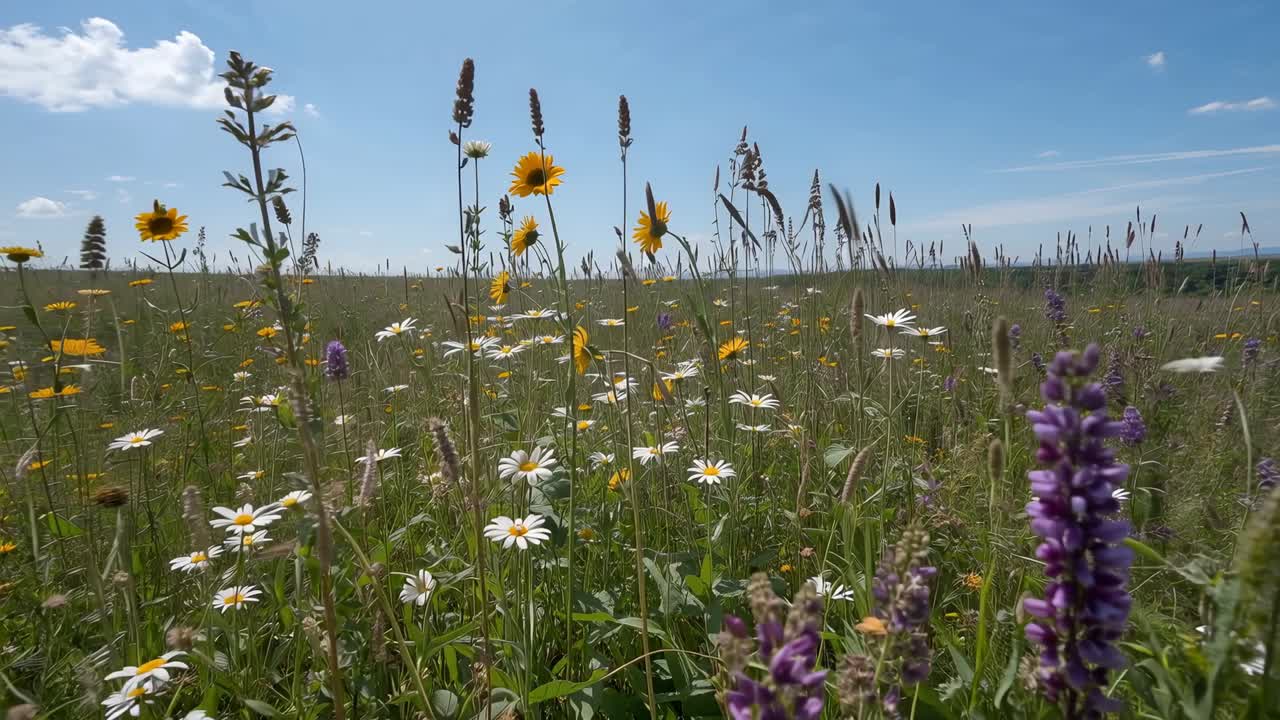 Swaying meadow wildflowers, white daisies and purple spire moving from breeze and camera shift