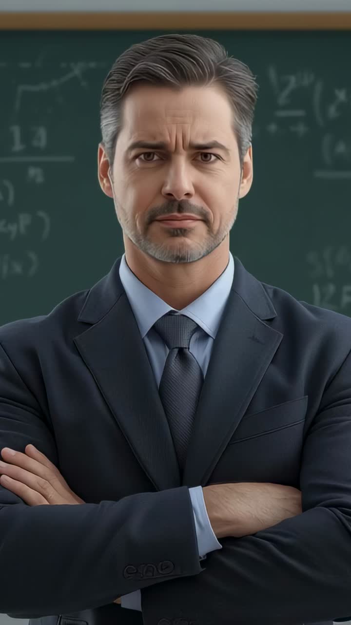 Vertical video: Opening eyes on frame, man arms crossed focusing at board in suit preparing lesson