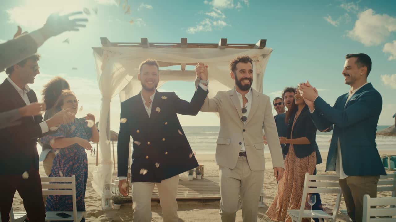 바다 근처의 야외 결혼식 장소에서 복도를 고있는 예쁜 동성애자 커플. 사랑에 빠진 두 명의 행복한 남자들은 다양한 다민족 친구들과 큰 날을 나누고 있습니다. 귀여운 lgbtq 관계 목표.