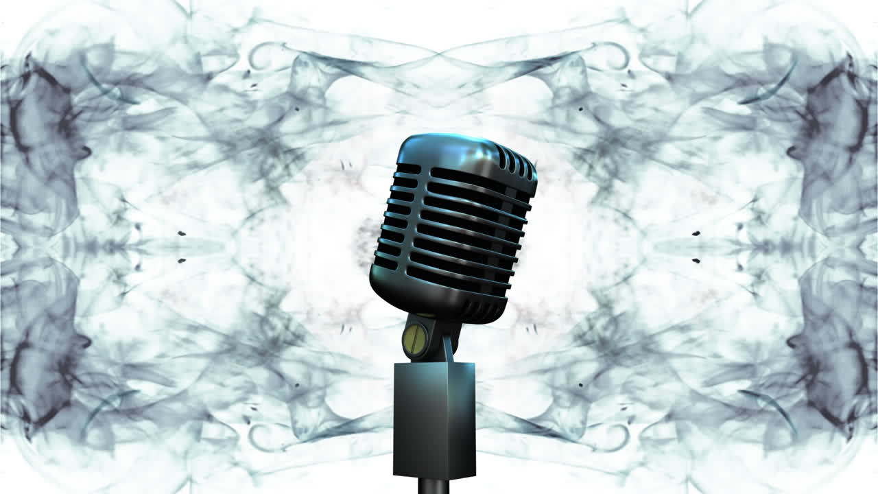 micrófono contra nubes de humo que se mueven sobre un fondo blanco