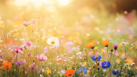 A dreamy, low-angle video shot of a vibrant wildflower meadow, bathed in warm, golden sunlight