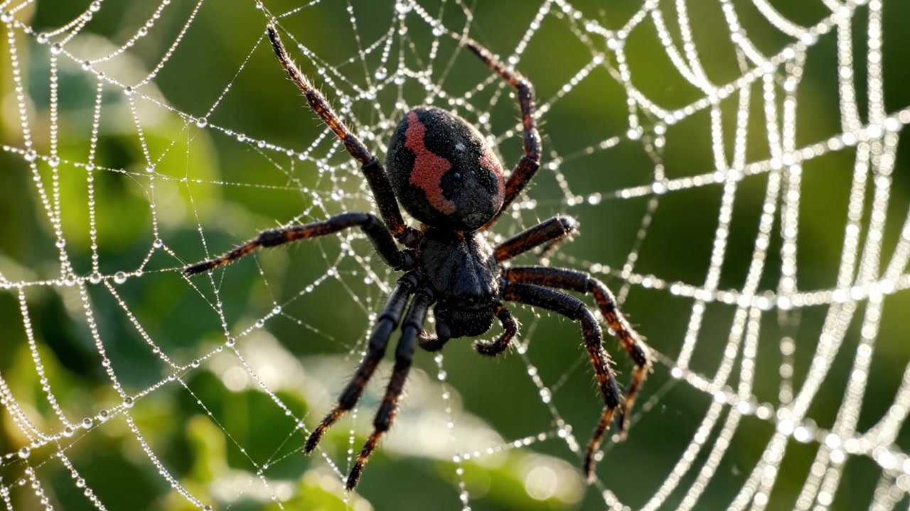Et storslått nærbilde av en edderkopp fanget i et delikat nett som glitrer med morgendugg, og viser naturens intrikate kunstverk og underverk