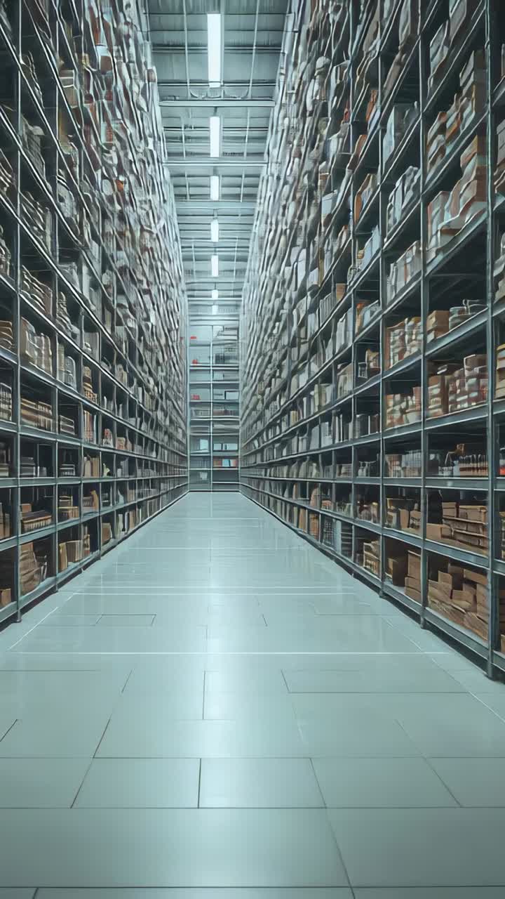 Video verticale: Telecamera in avanzamento che riprende un corridoio centrale di magazzino, mostrando scaffali alti e scatole.