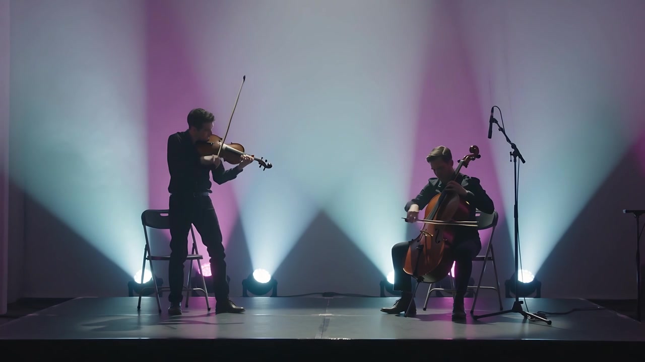 Violinist og cellist spiller på strygere på lille scene, iført mørke skjorter, reagerer på lyssignal