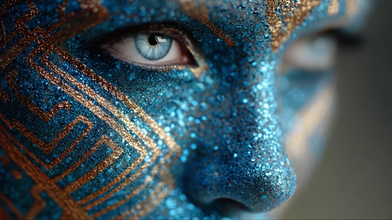 Captivating Close-Up of a Glittering Face with Intricate Patterns in Shimmering Blue and Gold, Highlighting Unique Eye Detail and Artistic Expression