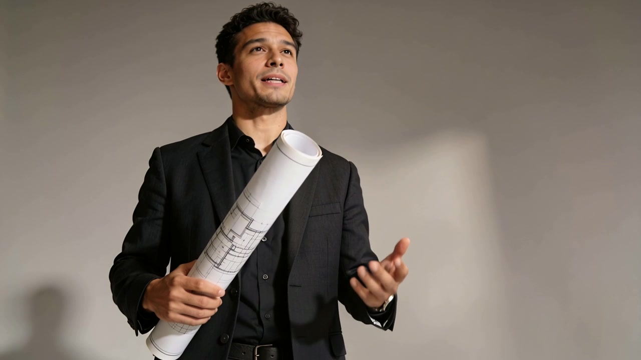 Apresentador de terno preto começando, segurando uma planta enrolada, explicando a planta baixa no estúdio, com sombra.
