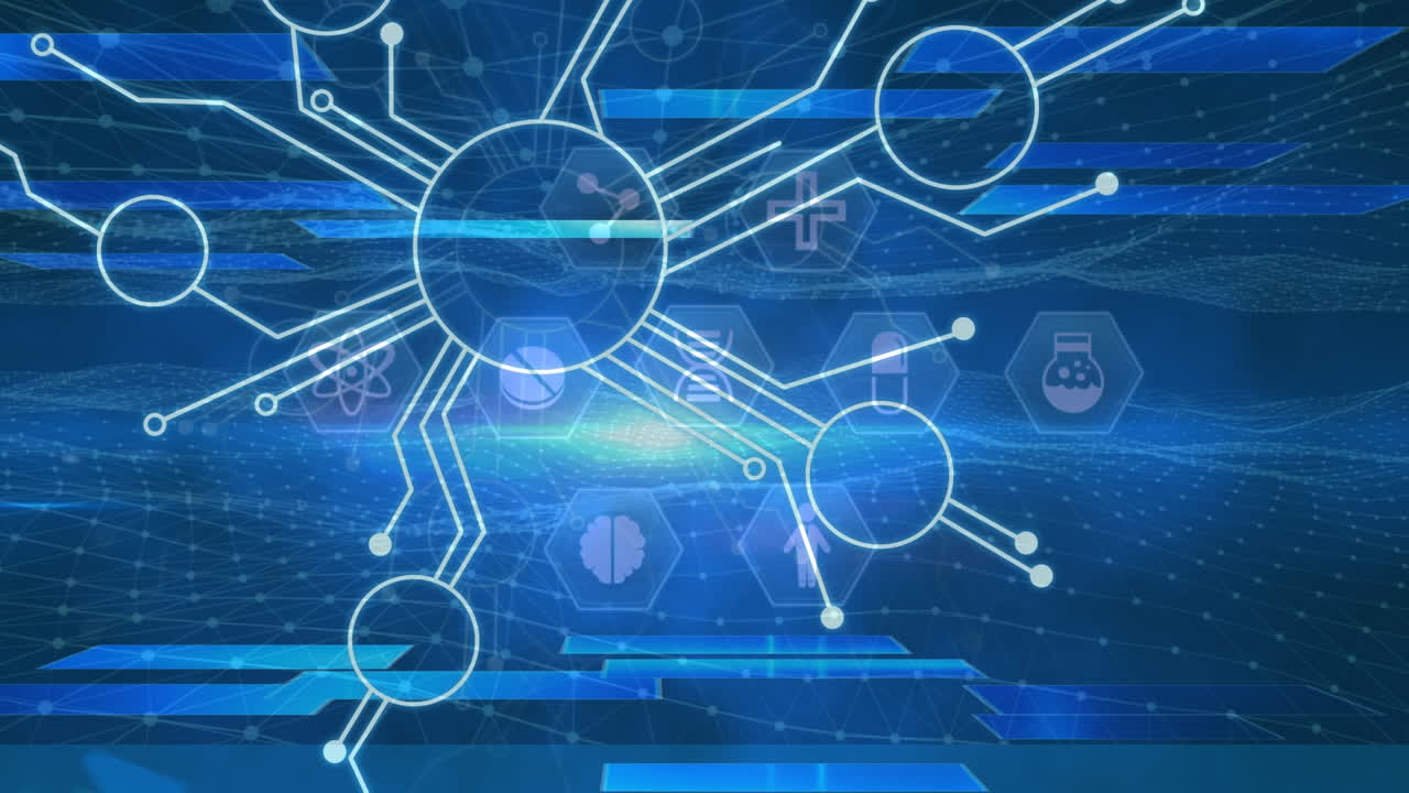 마이크로프로세서 연결의 디지털 애니메이션과 파란색 배경에 대한 여러 의료 아이콘