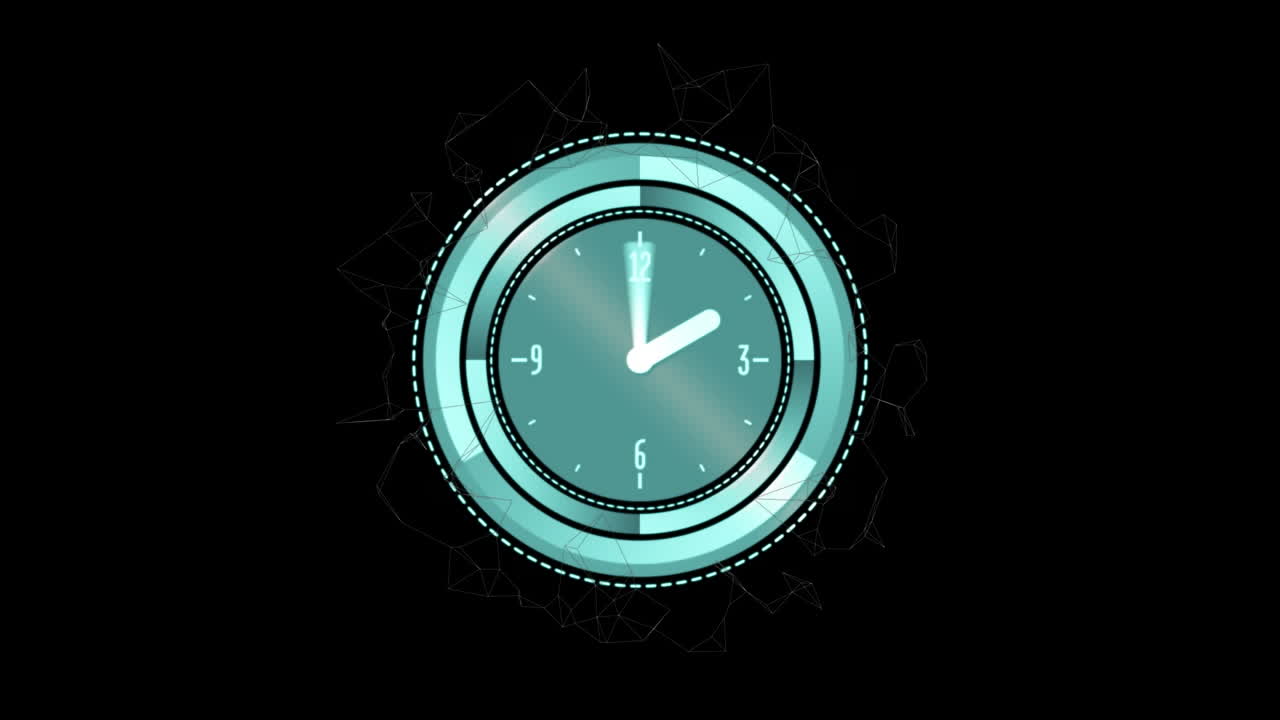 Animation of moving network of connections and clock over black background