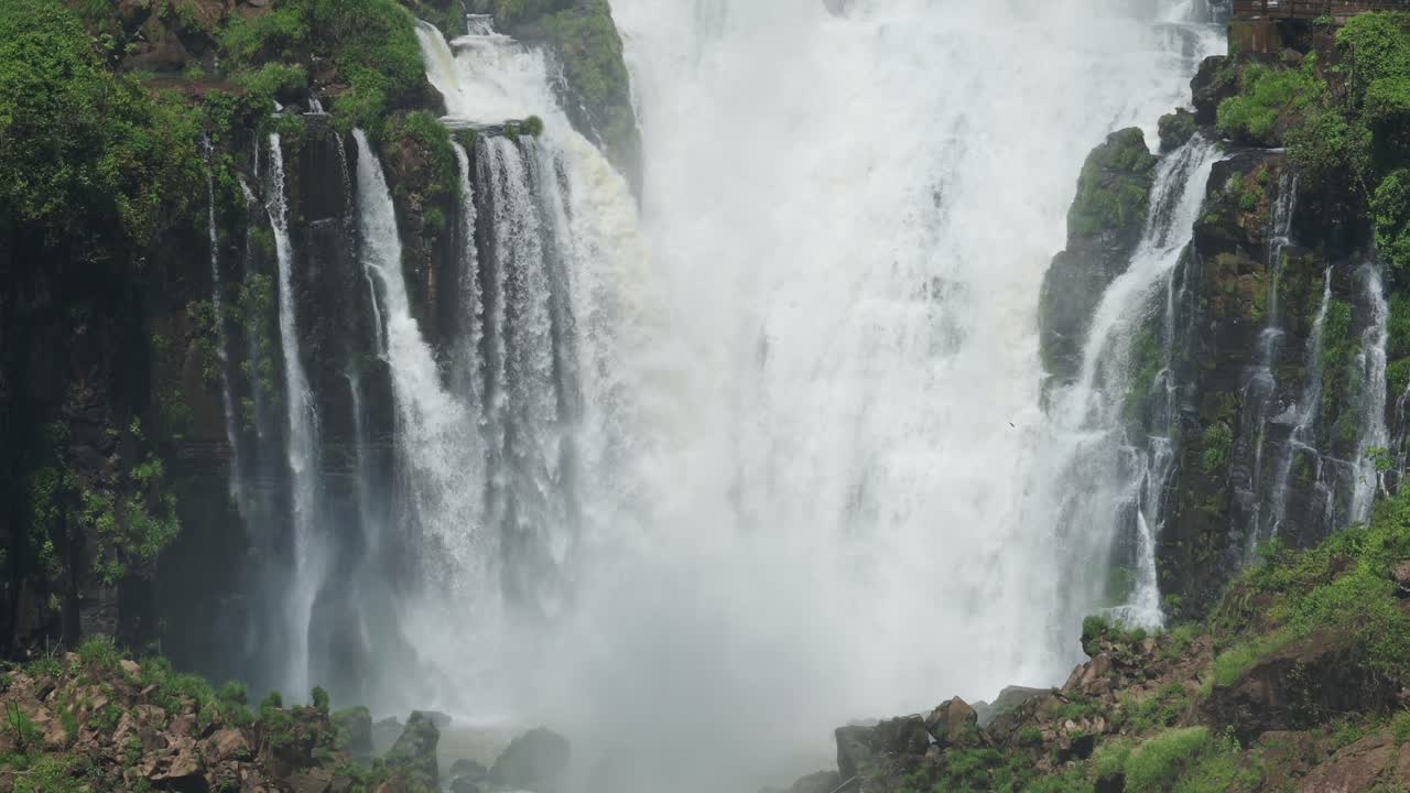 las cataratas de iguacu llenas de hermosas y anchas cascadas ubicación pintoresca, superficie rocosa verde que rodea altas y ásperas caídas de agua que se estrellan en la piscina de inmersión a continuación con la vida de las aves en brasil, américa del sur