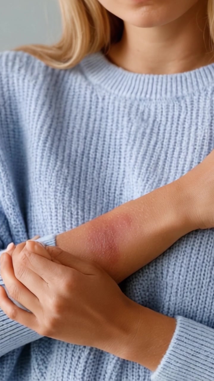 Una vista de cerca del brazo de una mujer que resalta una irritación cutánea, enfatizando la preocupación por el enrojecimiento y la textura inusual en su piel.
