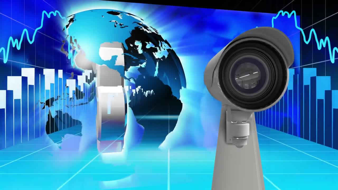CCTV camera moving against dollar sign inside globe spinning and data processing