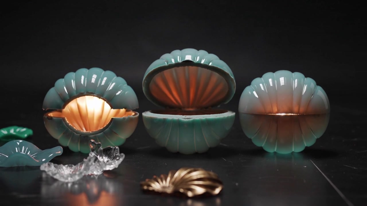 Lifting center teal shell, opening then closing revealing warm copper inside on black tabletop