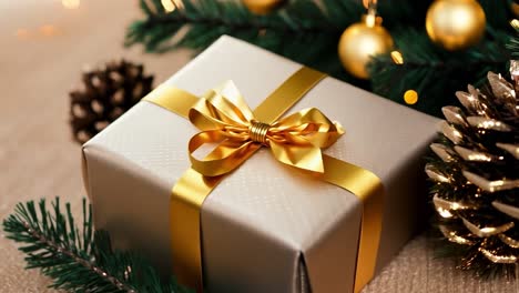 christmas gift box with gold ribbon and decorations