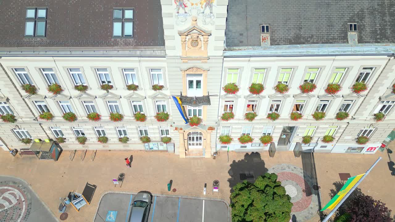 Town Hall in Mistelbach, Nieder&ouml;sterreich, Austria - Aerial Pan Up