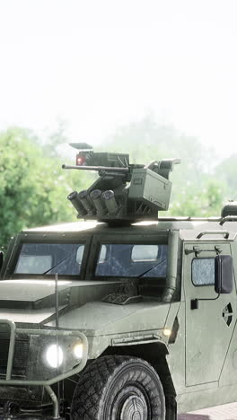 armored military car in big city